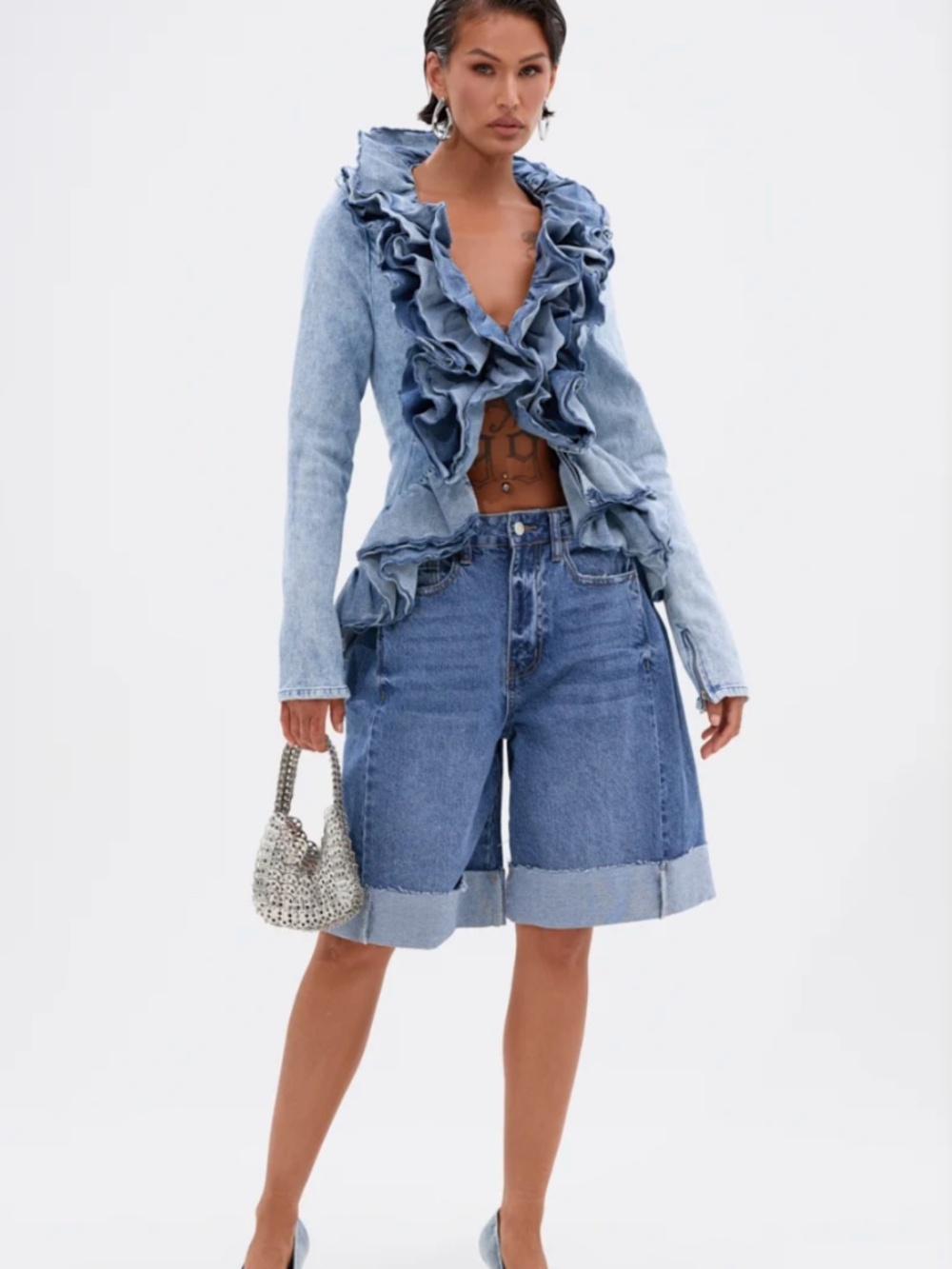 Light Wash Dramatic Ruffle Denim Jacket - Picture 3 of 5